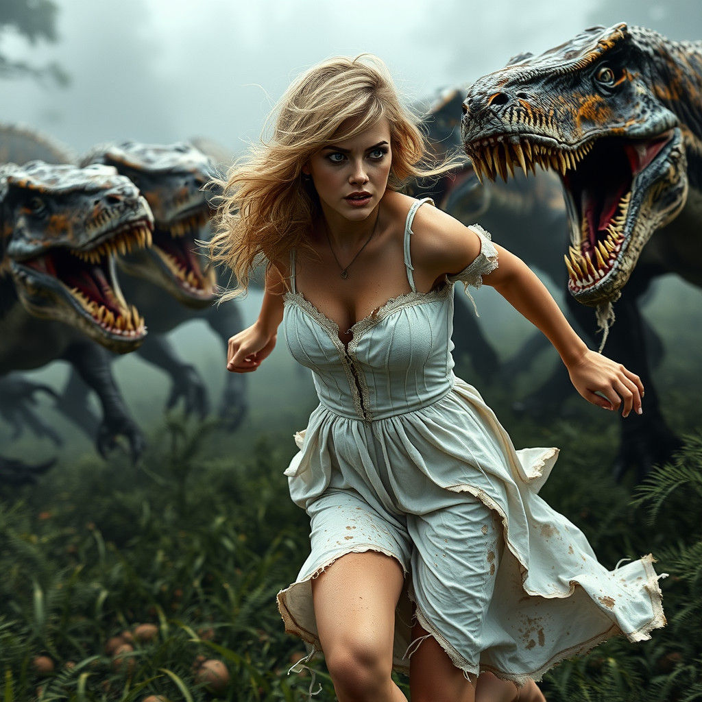 Damsel's Desperate Flight from Dinosaurs in Prehistoric Land...