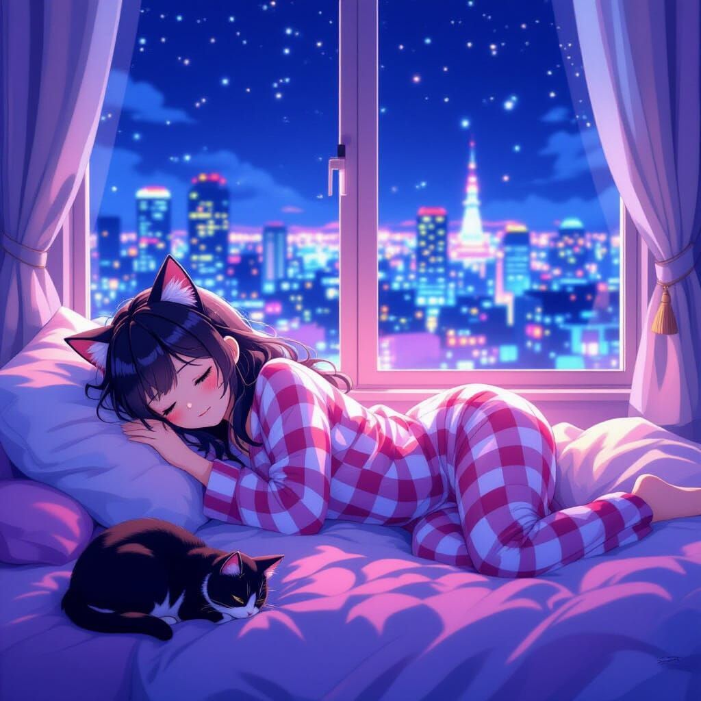 Cat-Eared Girl Sleeps in Futuristic Cityscape, in Studio Tri...