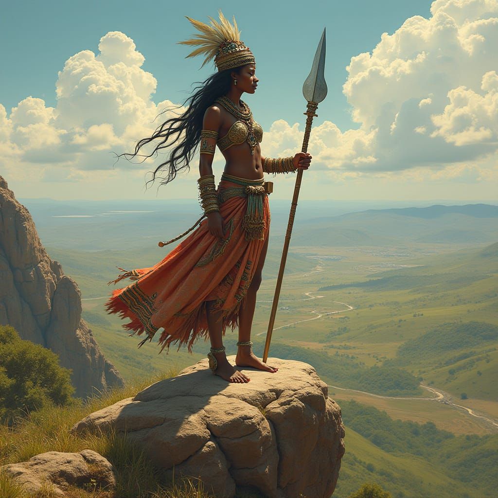 Zulu Warrior Queen in Hyperrealistic Art Nouveau Style