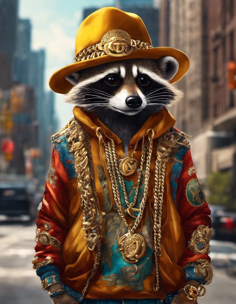 Hip-Hop Raccoon Rapper in NYC Street Style