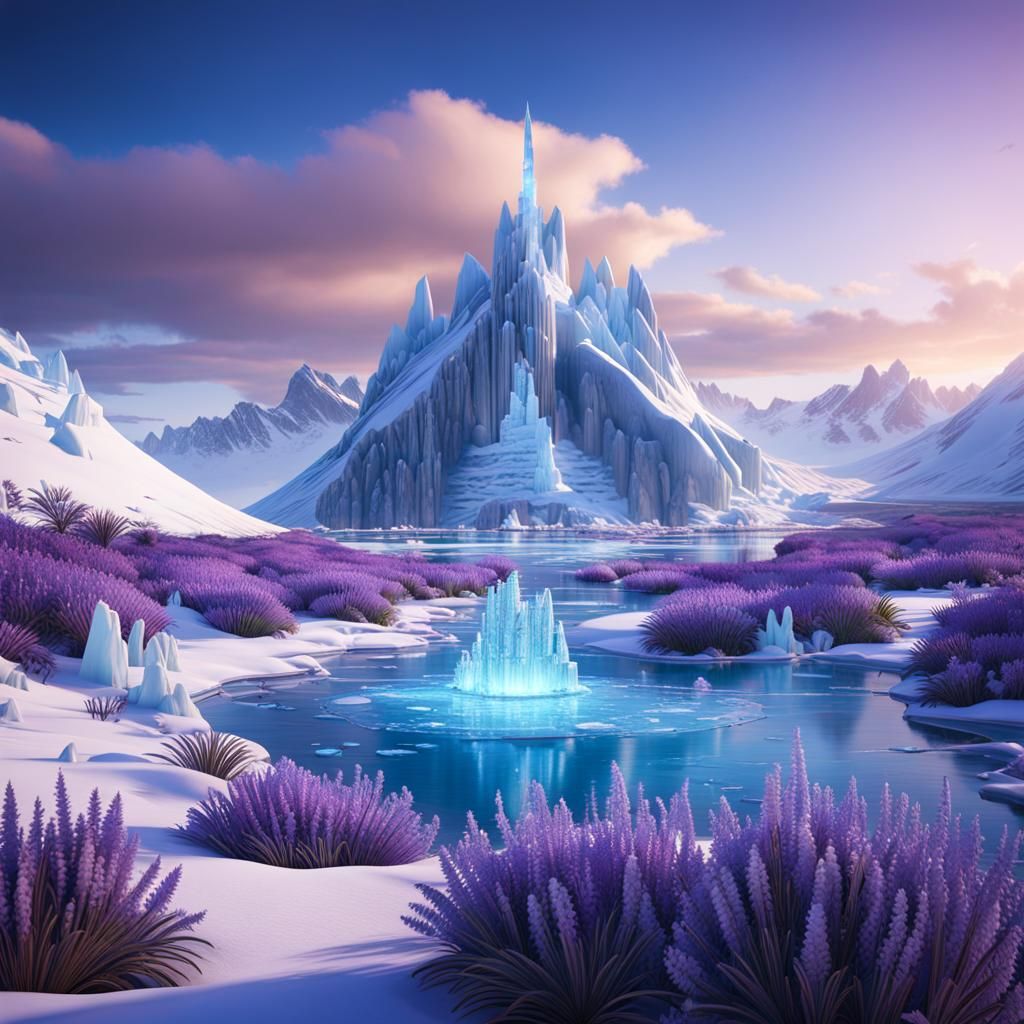 Futuristic Ice City in Antarctica with Lavender Flowers