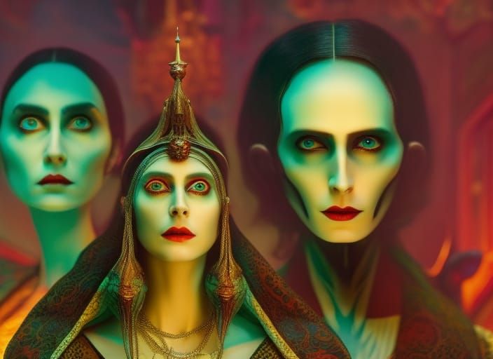 Goth Woman with Dracula in Steampunk Style