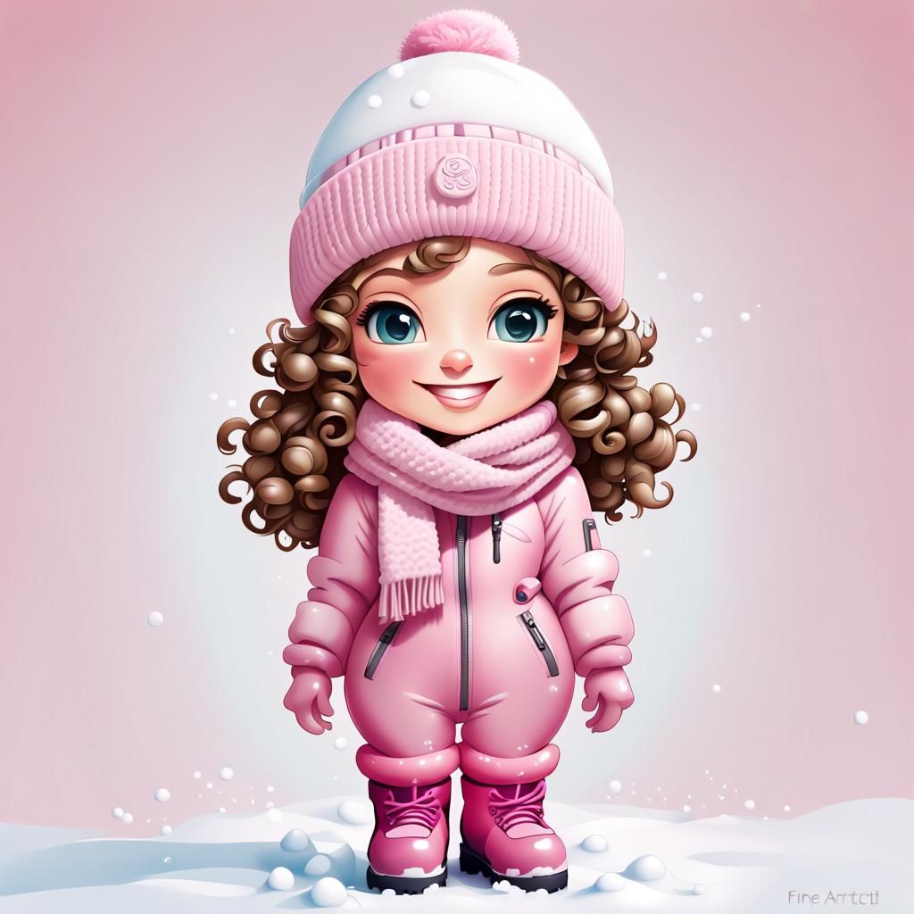 Chibi Airbrush Portrait: Smiling Woman in Winter Gear