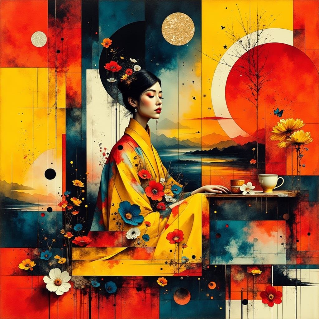 Abstract Qing Dynasty Noblewomen in Geometric Style