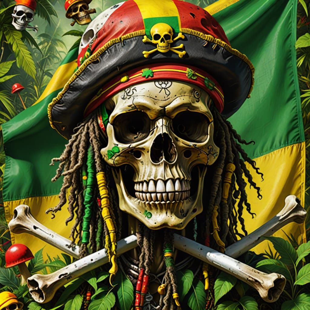 Psychedelic Jolly Roger Flag with Afro, Digital Art