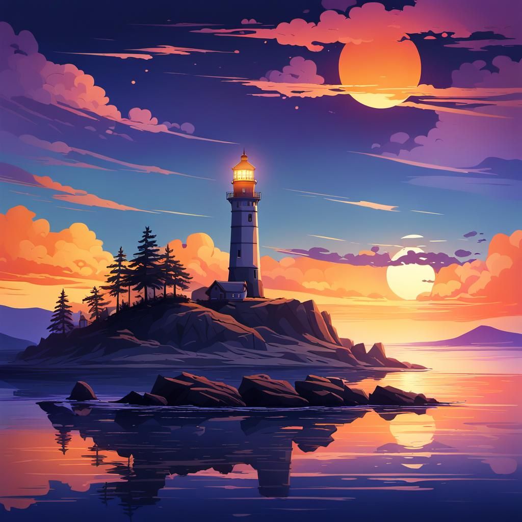 Twilight Lighthouse Island in Anime Style