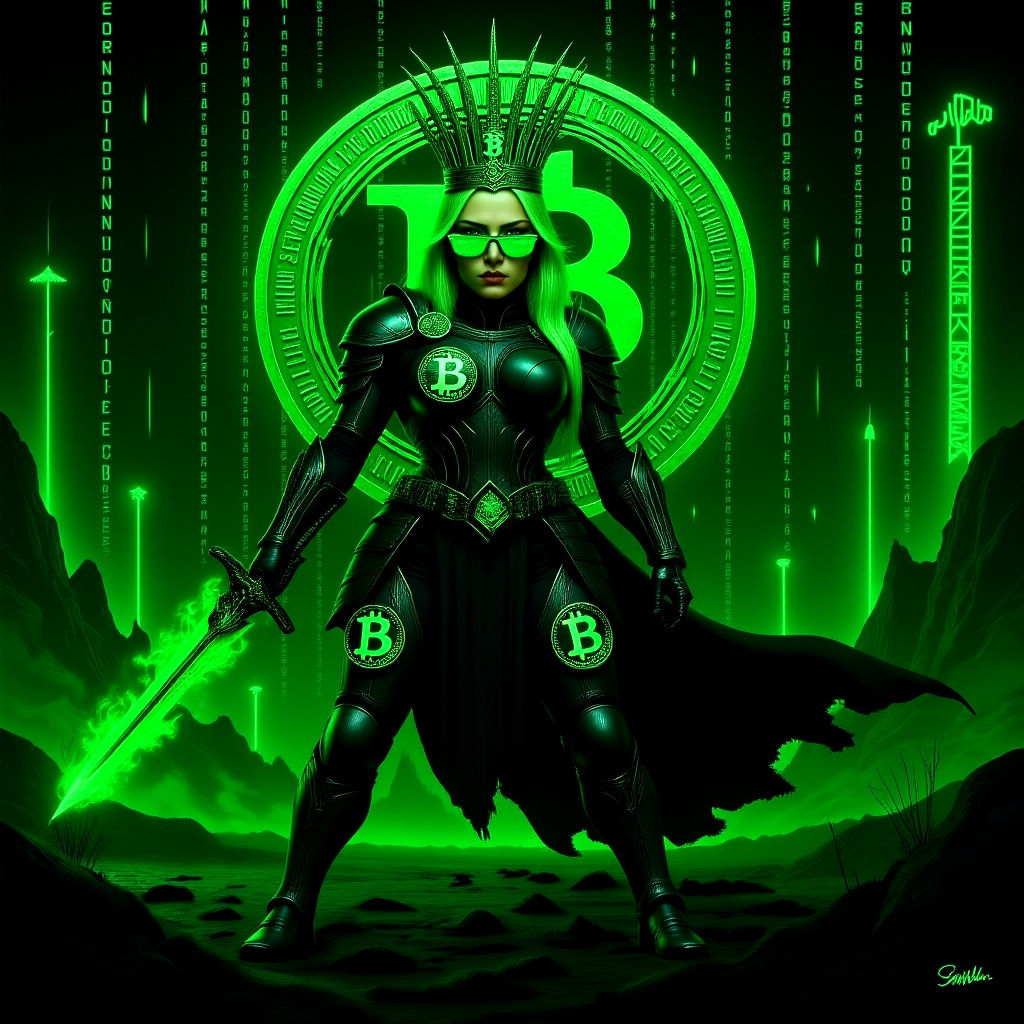 Cyber-Amazon Warrior in Matrix Style with Bitcoin Logo