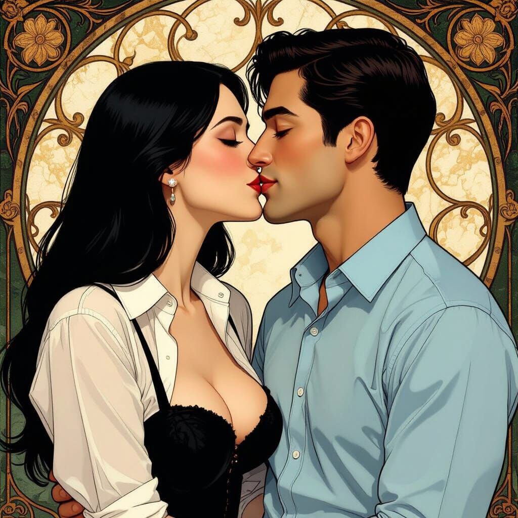 Passionate Kiss in Art Nouveau Style