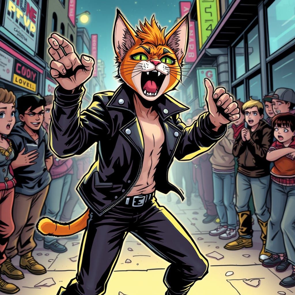 Energetic Catboy Serenades Street Crowd in Comic Book Style