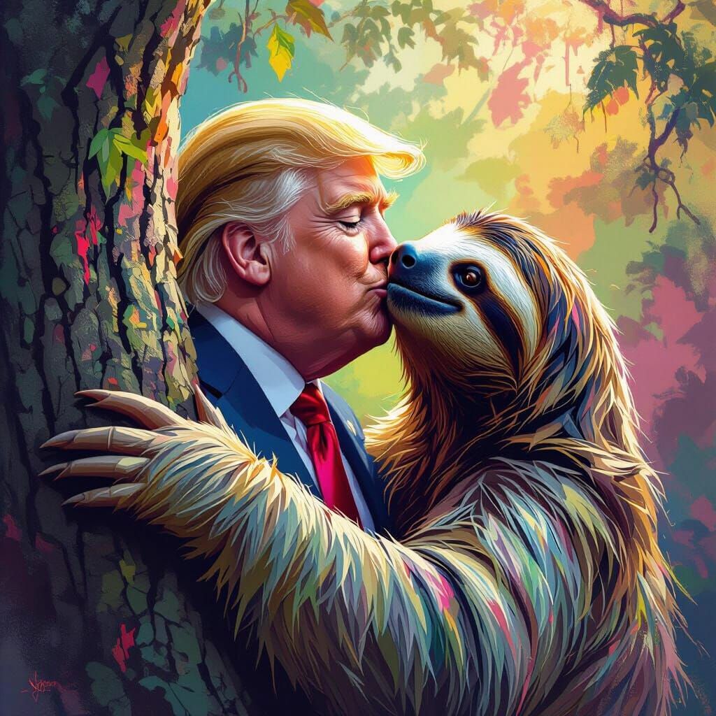 Donald Trump as Sloth Kisses Tree in Splash Art Style