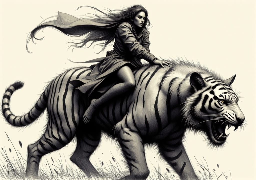 Gothic Woman on Magical Tiger: Emotive Sketch