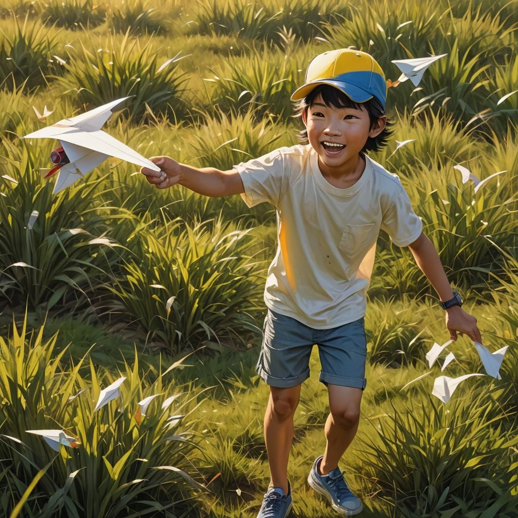 Enthusiastic Boy with Paper Airplane in Golden Light