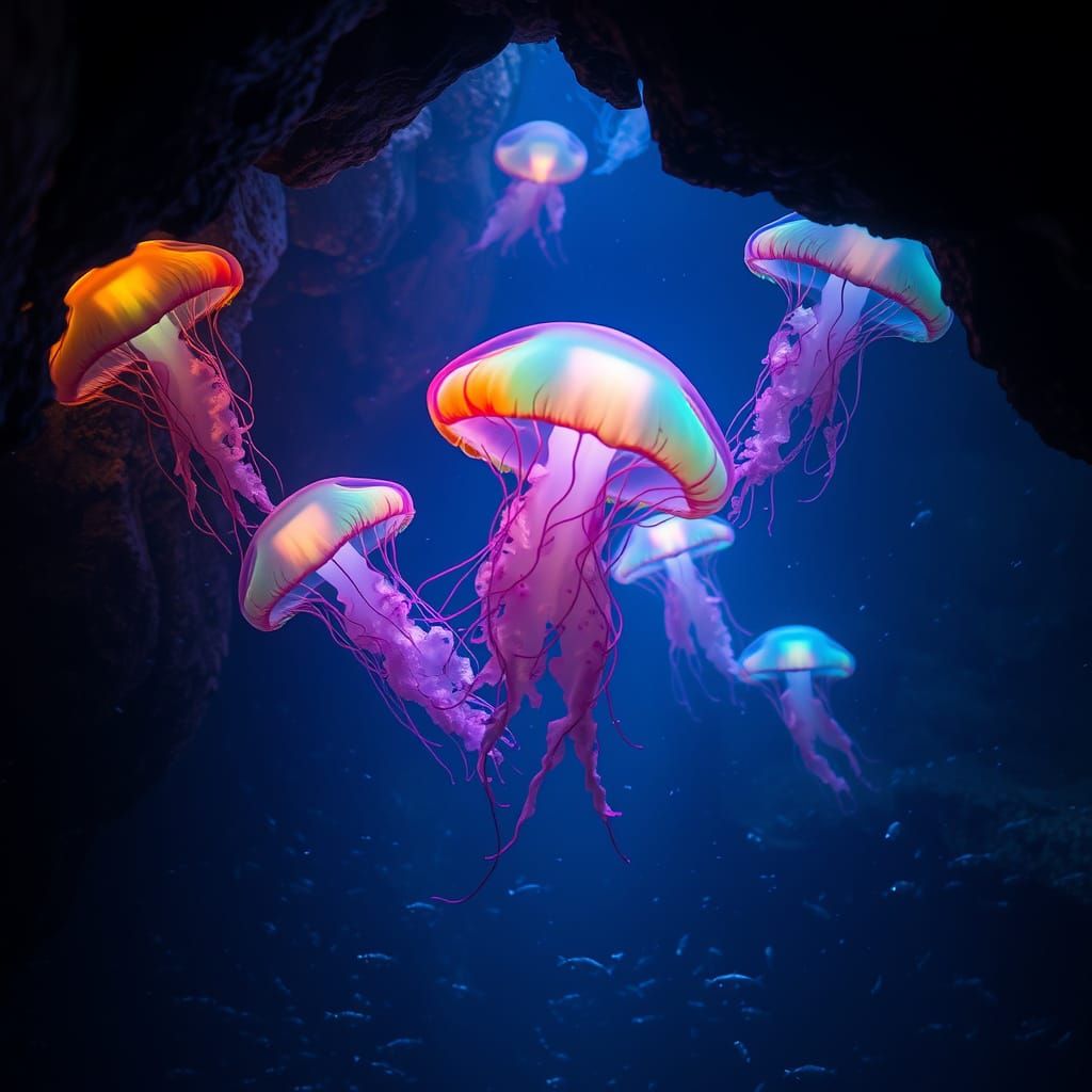Bioluminescent Jellyfish in Deep-Sea Cave