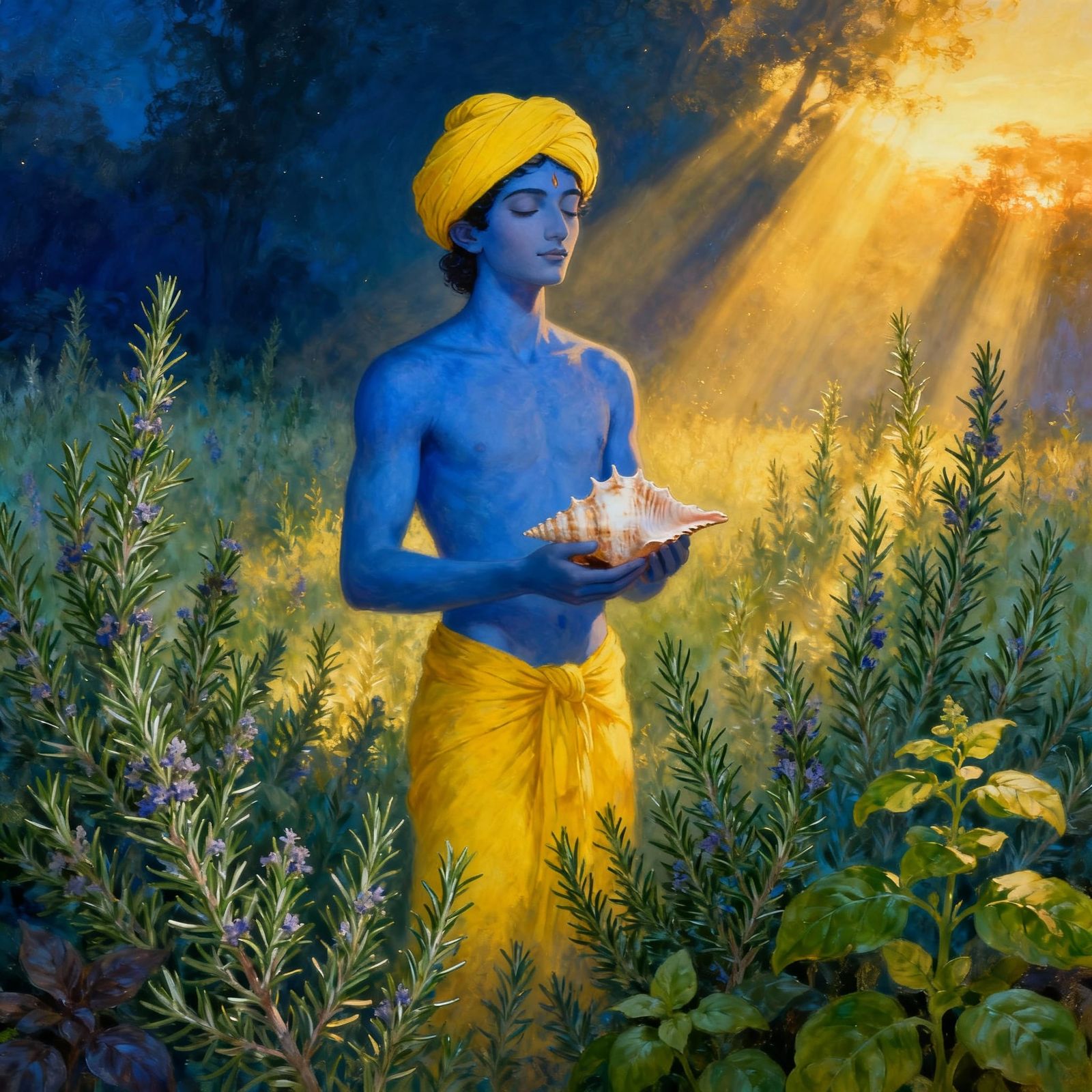 Ethereal Young Man with Blue Skin and Conch in Rosemary Fiel...