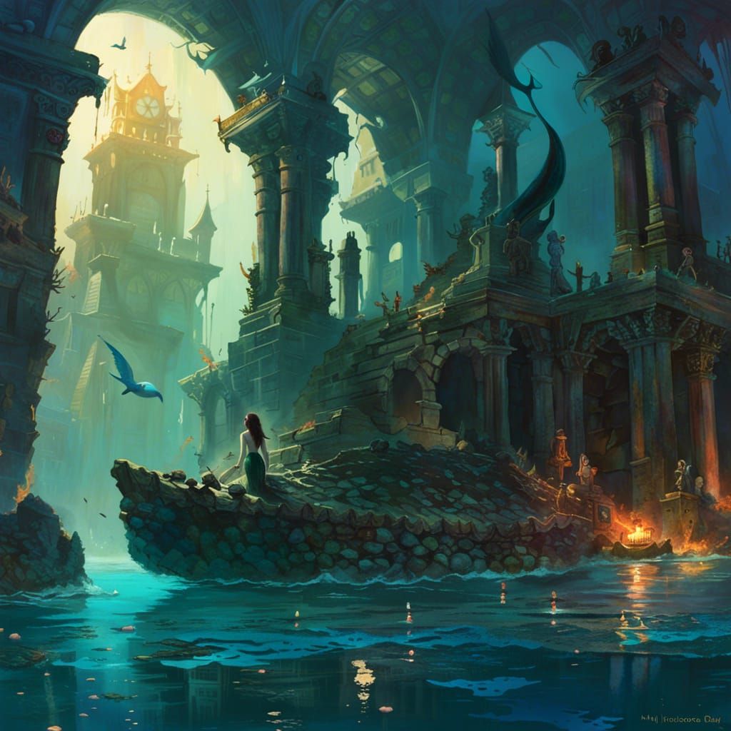 Mermaid in Underwater City Ruins