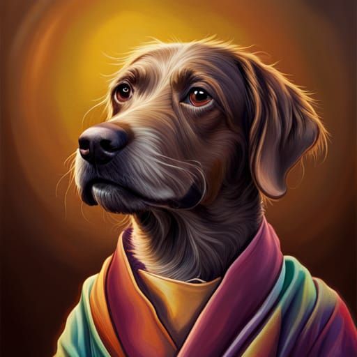 dog wearing a robe, highly detailed, in print form, in the form that is used to be printed on shirts, printful