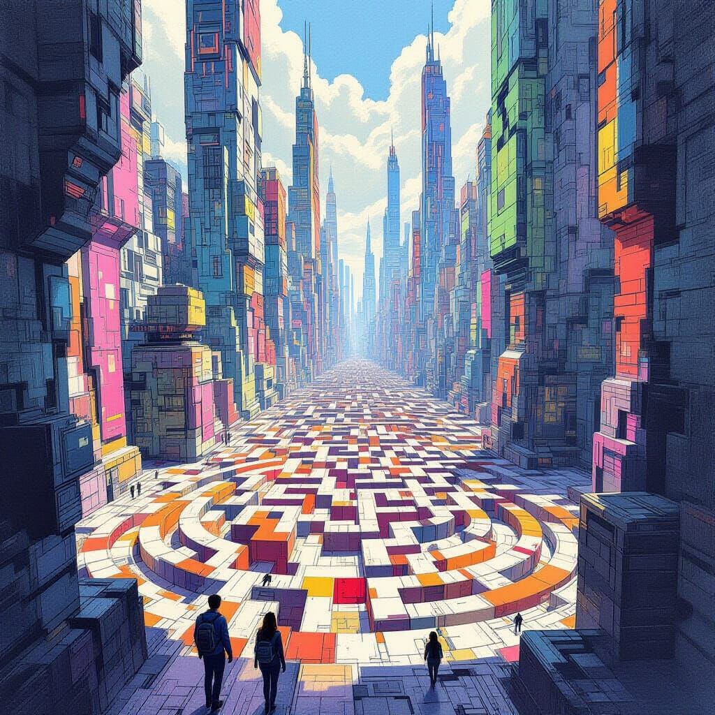 Futuristic City Labyrinth Drawing in Maze Runner Style