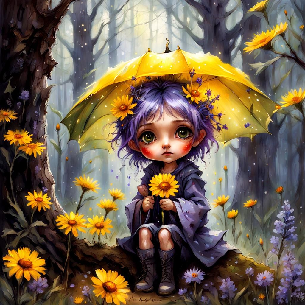Lavender Sprite Under Flower Umbrella in Rainy Forest