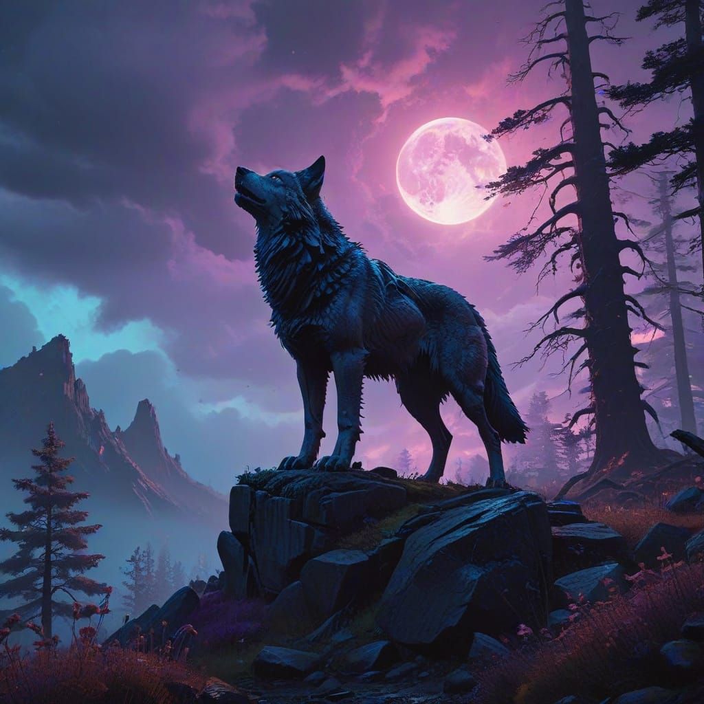 Moonlit Wolf's Haunting Cry on a Misty Mountain Peak