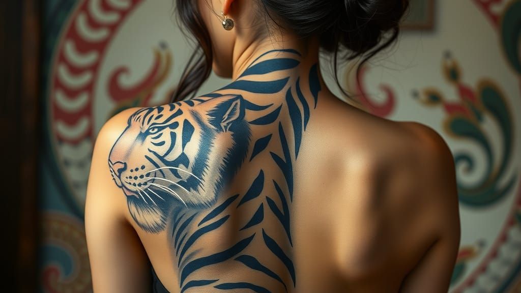White Tiger Tattoo on Asian Woman in Vintage Style
