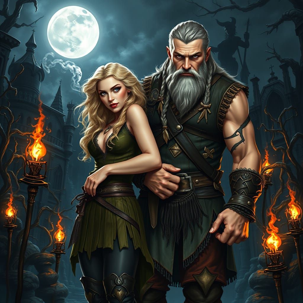 Viking Warrior and Blonde Goddess in Dark Castle Garden