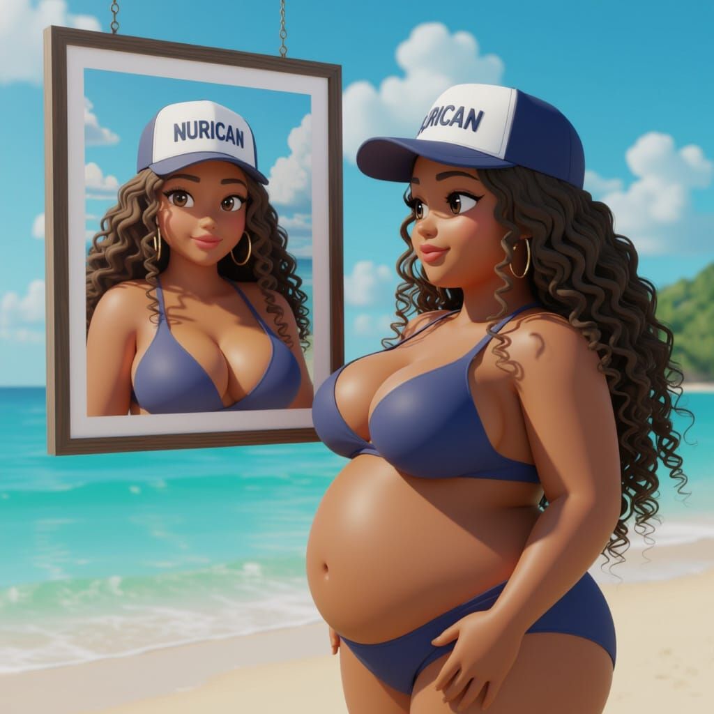 Woman Gazes at Likeness on Beach in 3D Anime Style