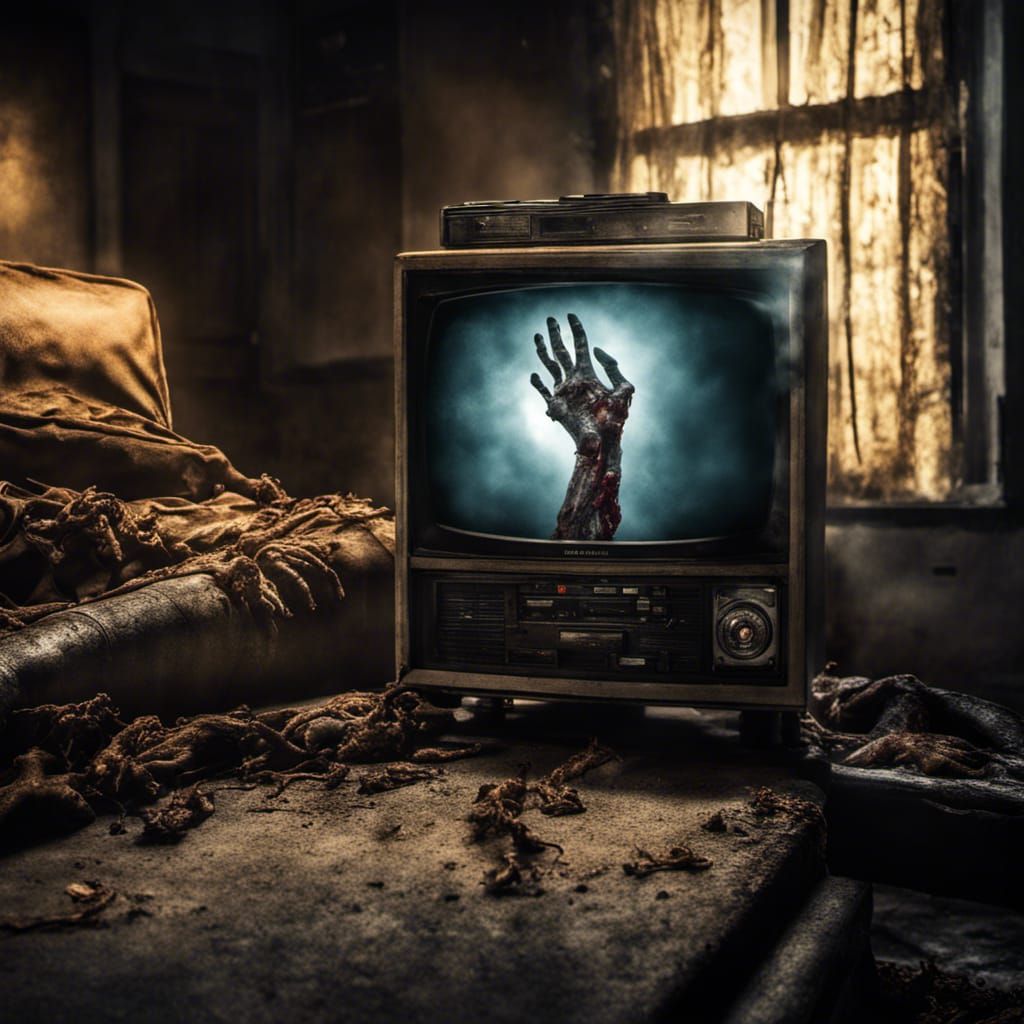 Hyperrealistic Zombie Arm Emerging from Television