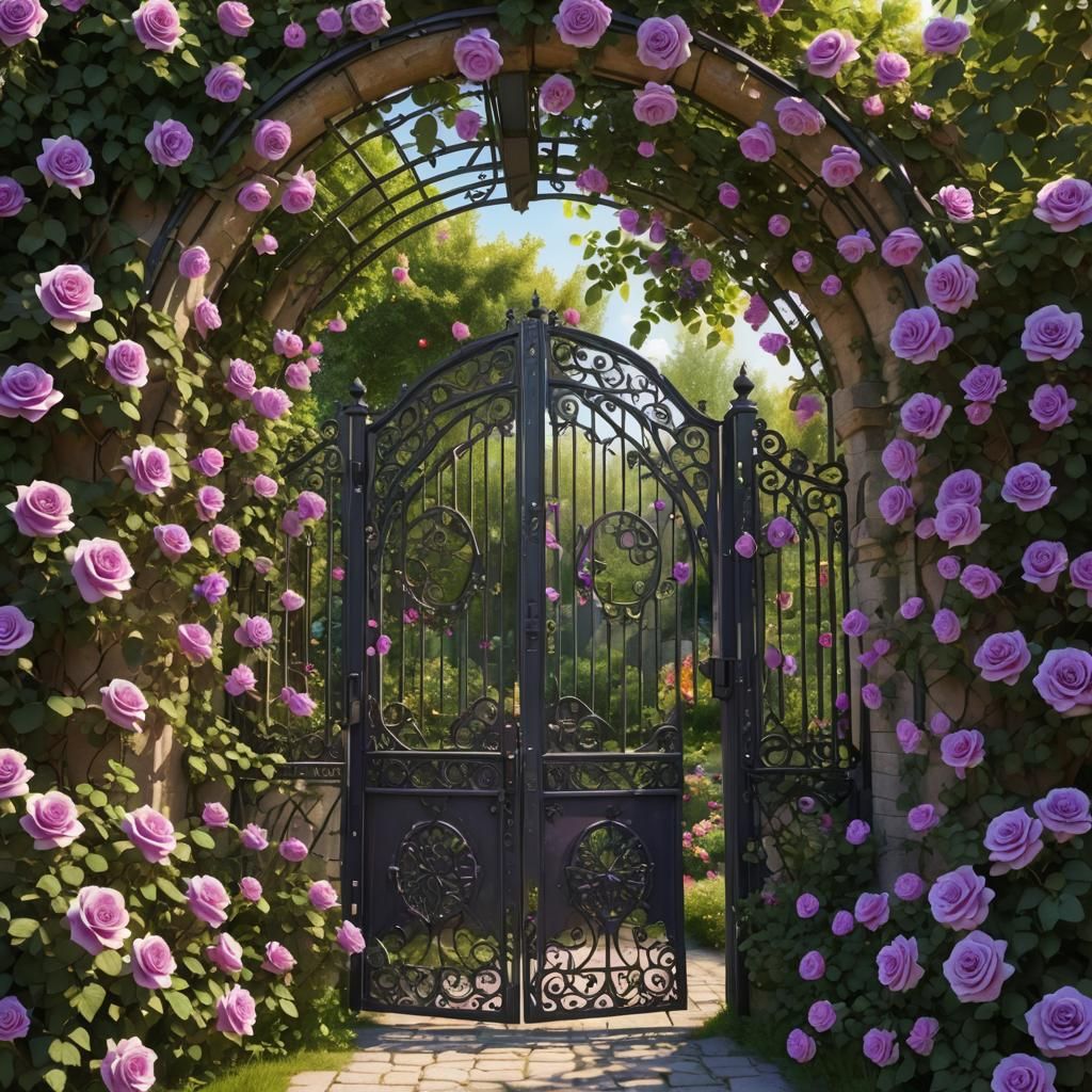 Ornate Iron Gate to Floral Rose Garden