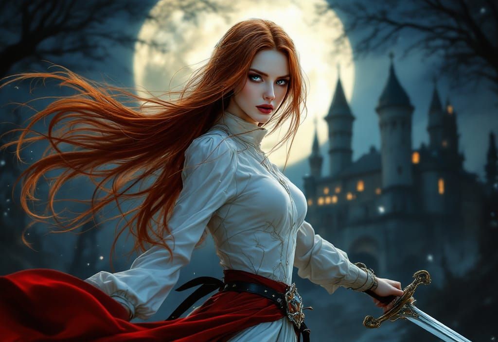 Redhead Vampire Fencer in Moonlit Art Nouveau Scene