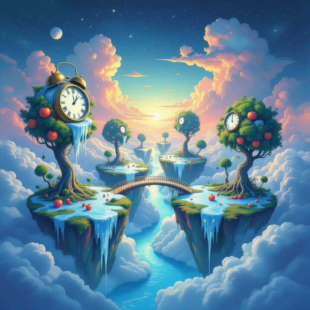 Surreal Dreamscape: Melting Clocks Flow Through Cloud Island...
