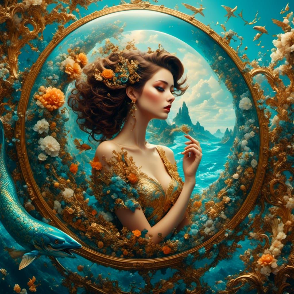 Psychedelic Seascape: Hyperrealistic Surreal Brunette