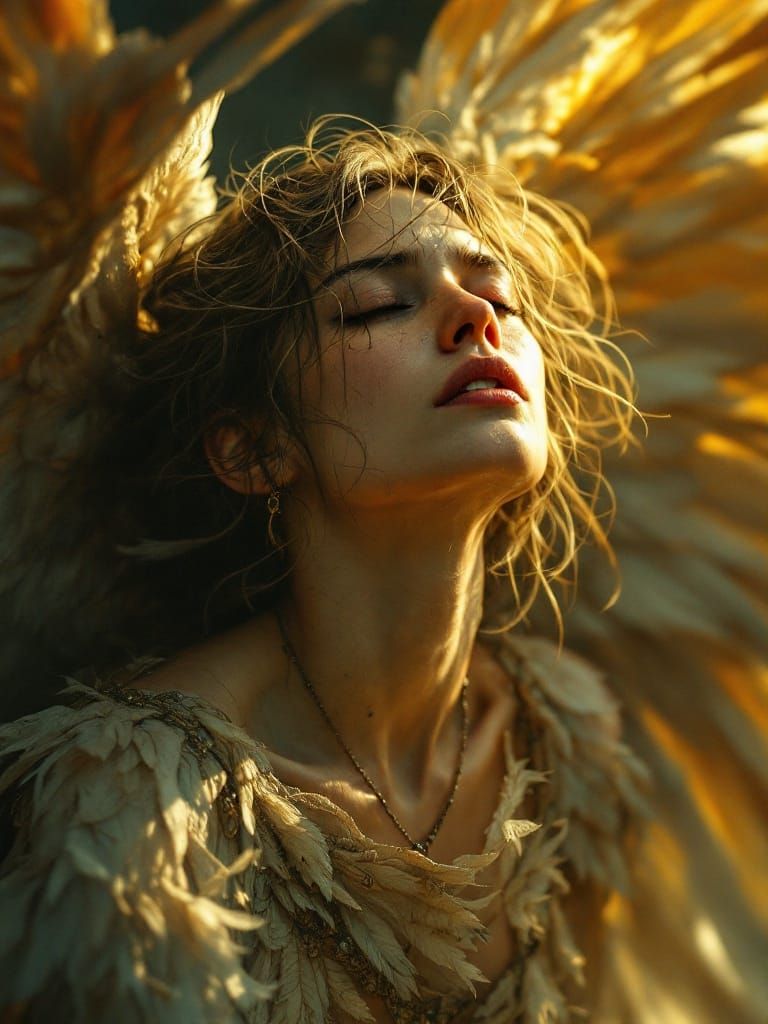 Fallen Angel in Despair, Bathed in Golden Light