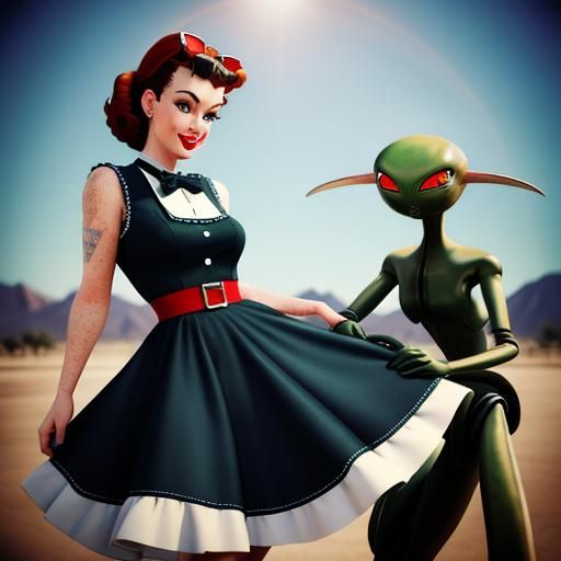 Vintage Pinup Model Flirting with Alien