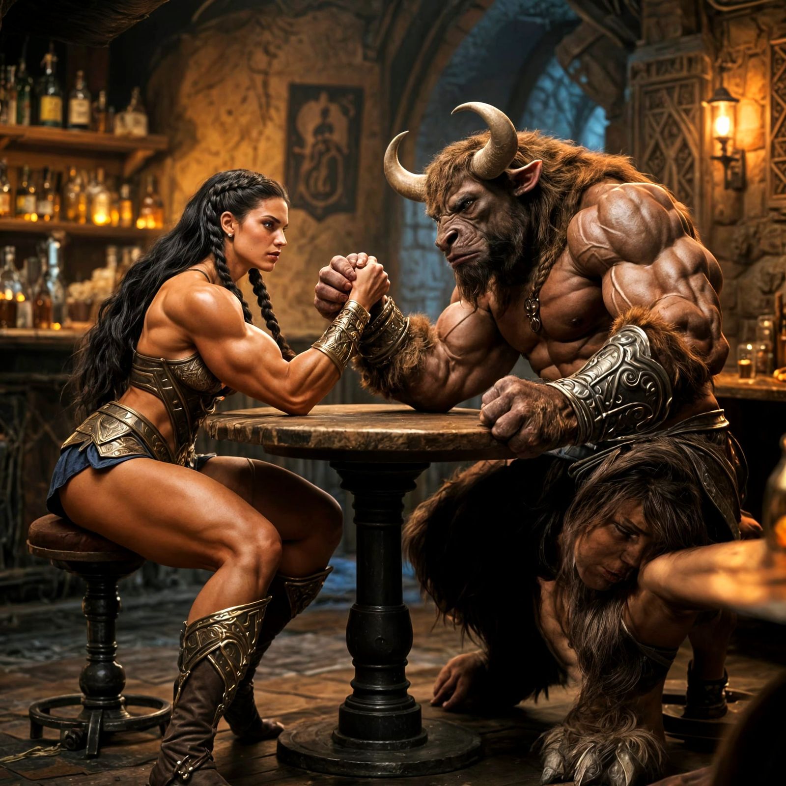 Amazonian Woman Arm Wrestling a Minotaur in Tavern