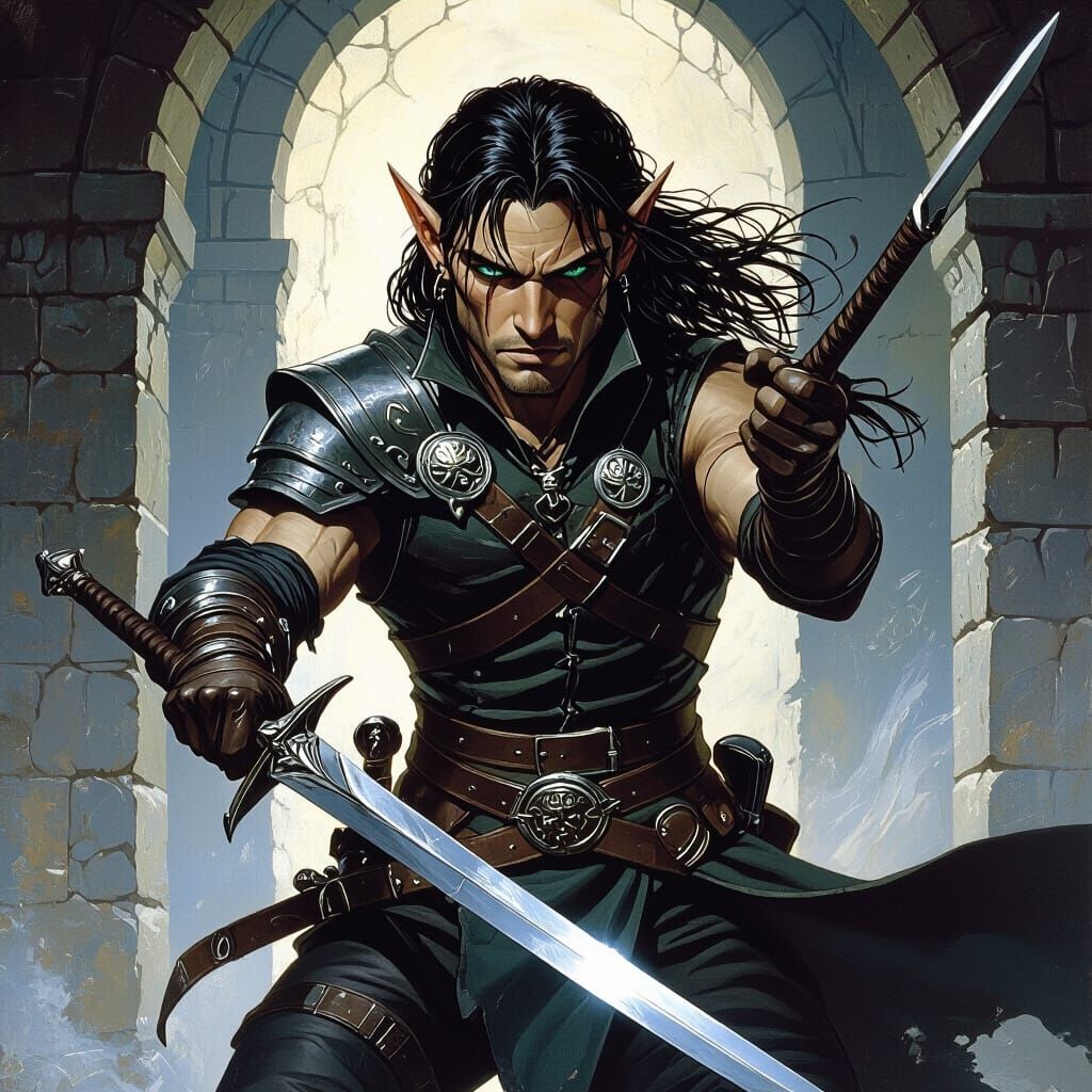 Half-Elf Warrior with Daggers in Fantasy Art Style