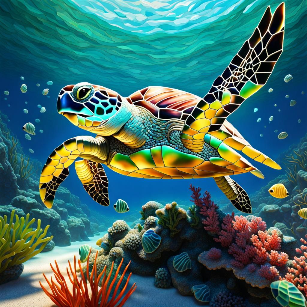 Sea Turtle Mosaic in Vibrant Sea Glass