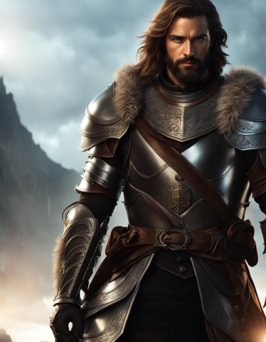 Handsome Knight in Leather Armor, Fantasy City