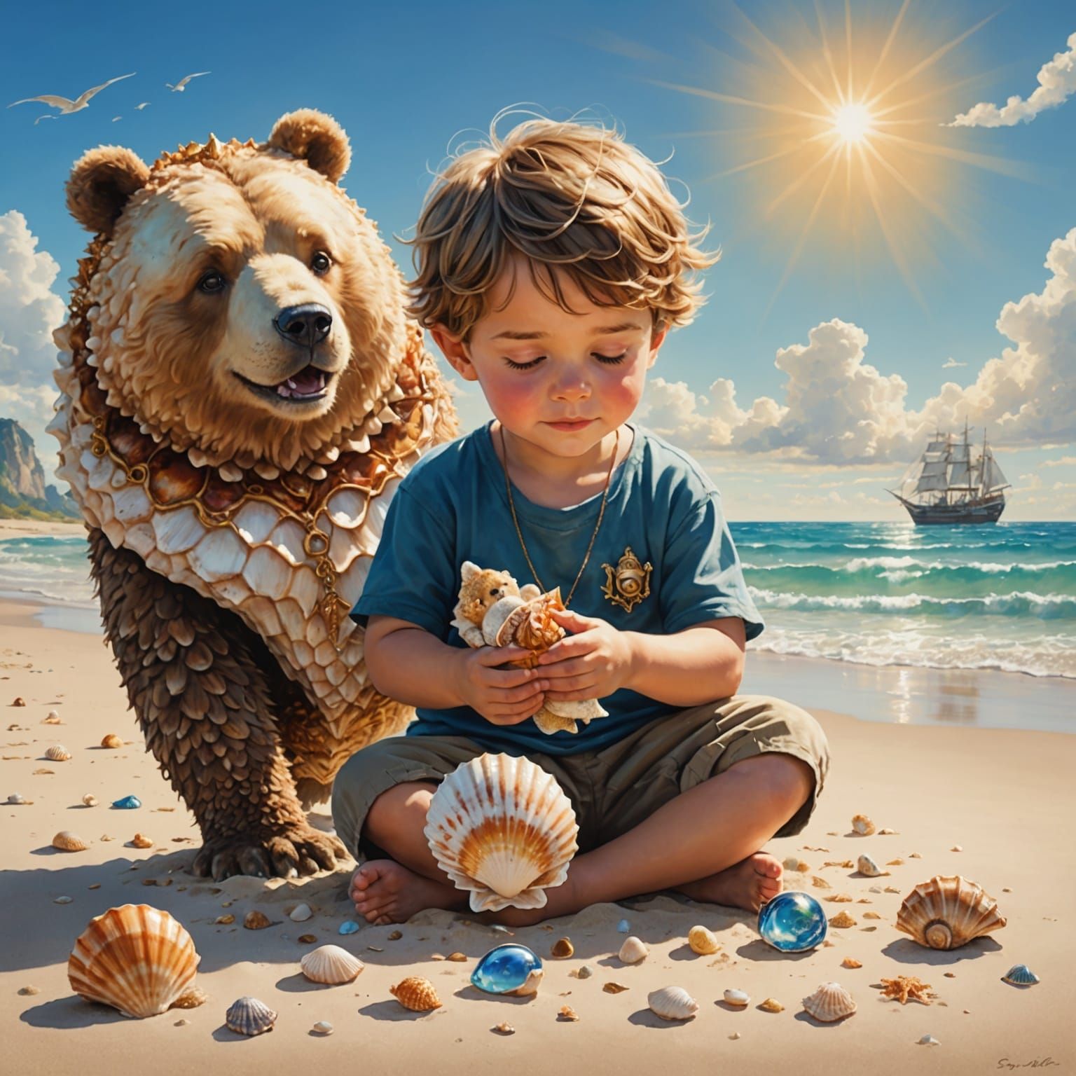 Seashell Scene with Boy and Bear: Anime Artwork