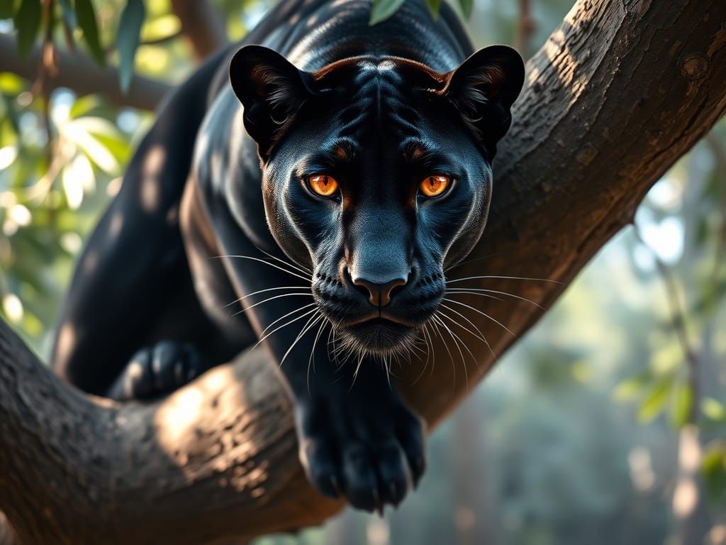 Sleek Black Panther Stares Down in Rainforest