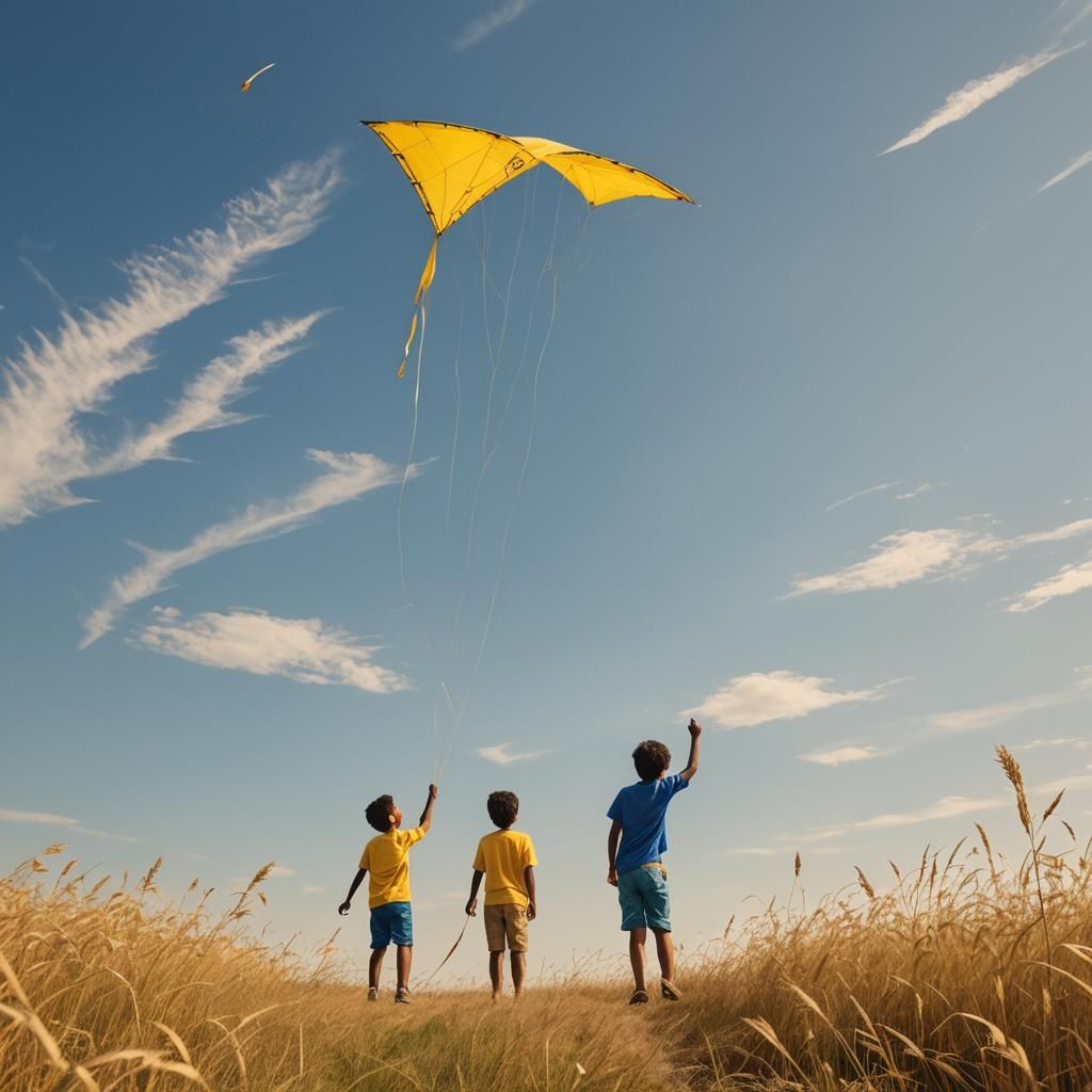 Boy Flying Yellow Kite in Golden Field