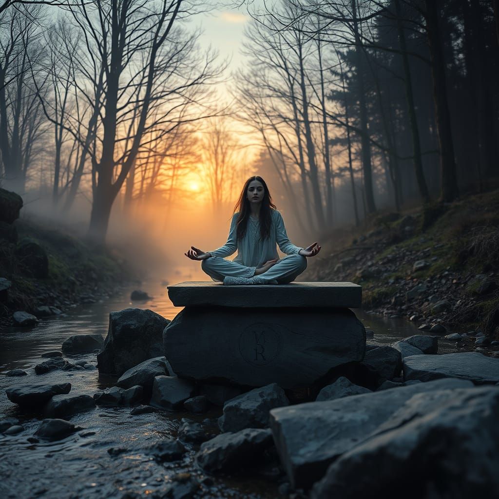 Slavic Woman Meditating on Forest Altar