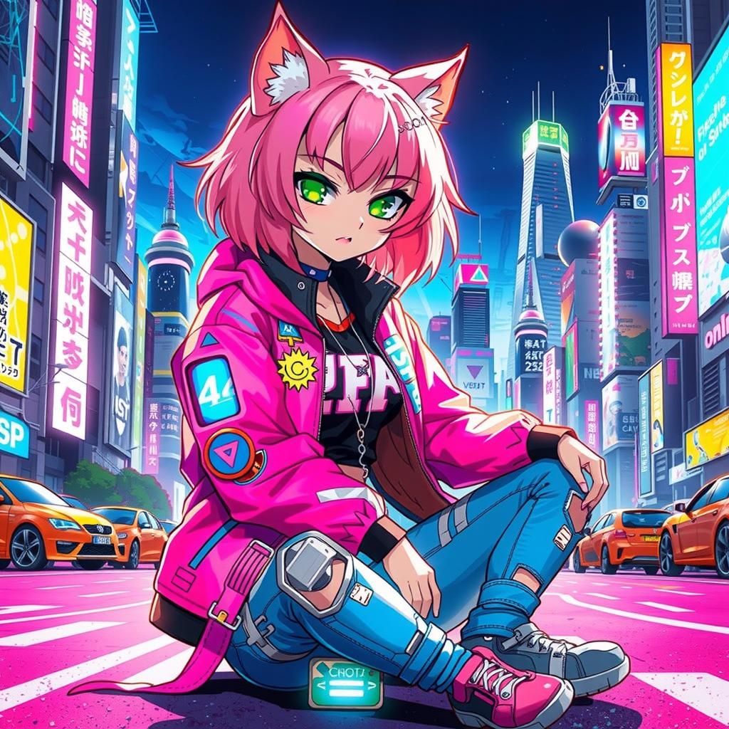 Neon Cyber Cat in Futuristic Cityscape