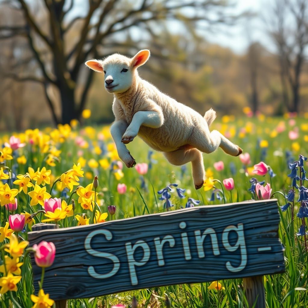 Realistic Airbrushed Oil Painting of Lamb in Spring Wildflow...