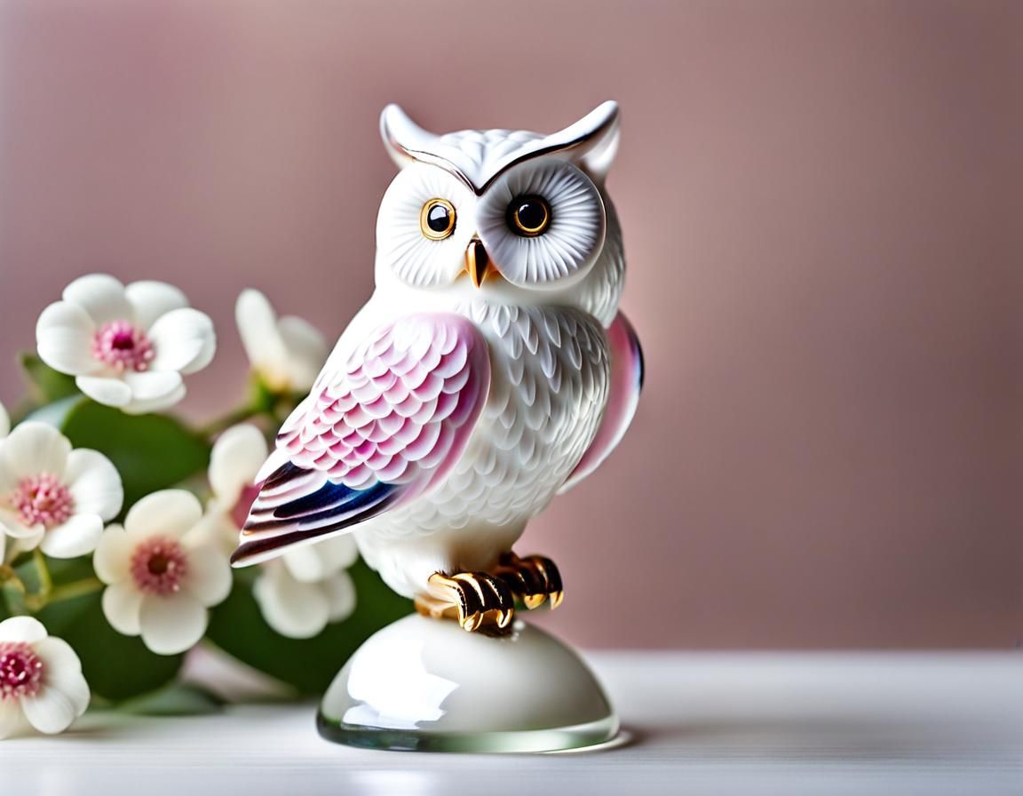 Enamelled Glass Owl Figurine with Flower