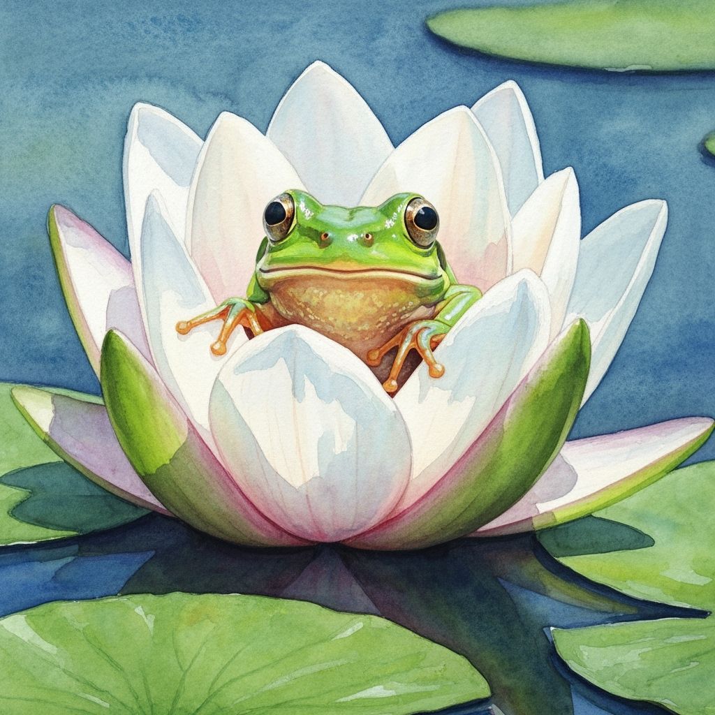 Green Frog Peeking from Water Lily in Watercolor Style