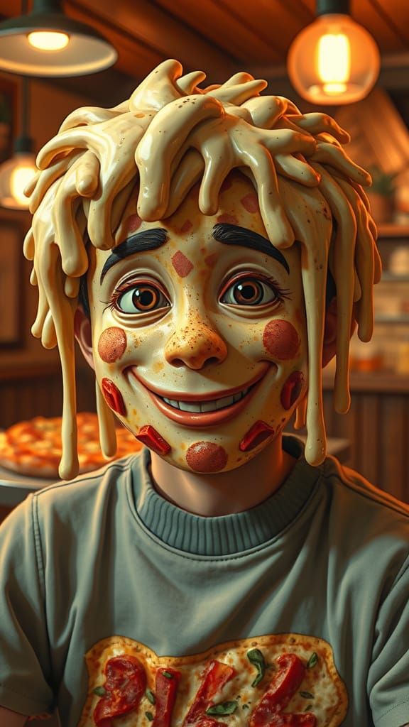 Pizza Person with Cheesy Smile in Pizzeria