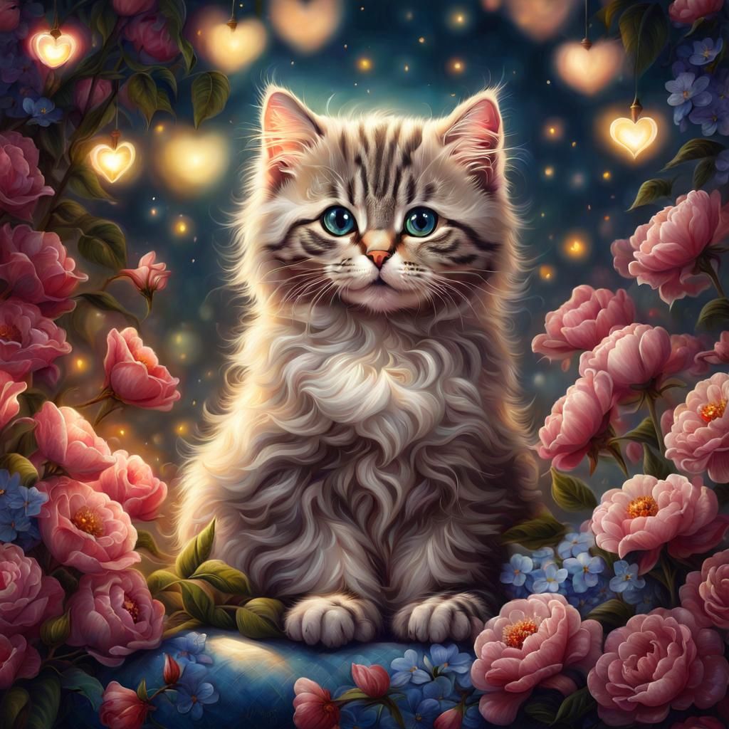 Cute Cat on Pillow with Flowers, Fantasy Art