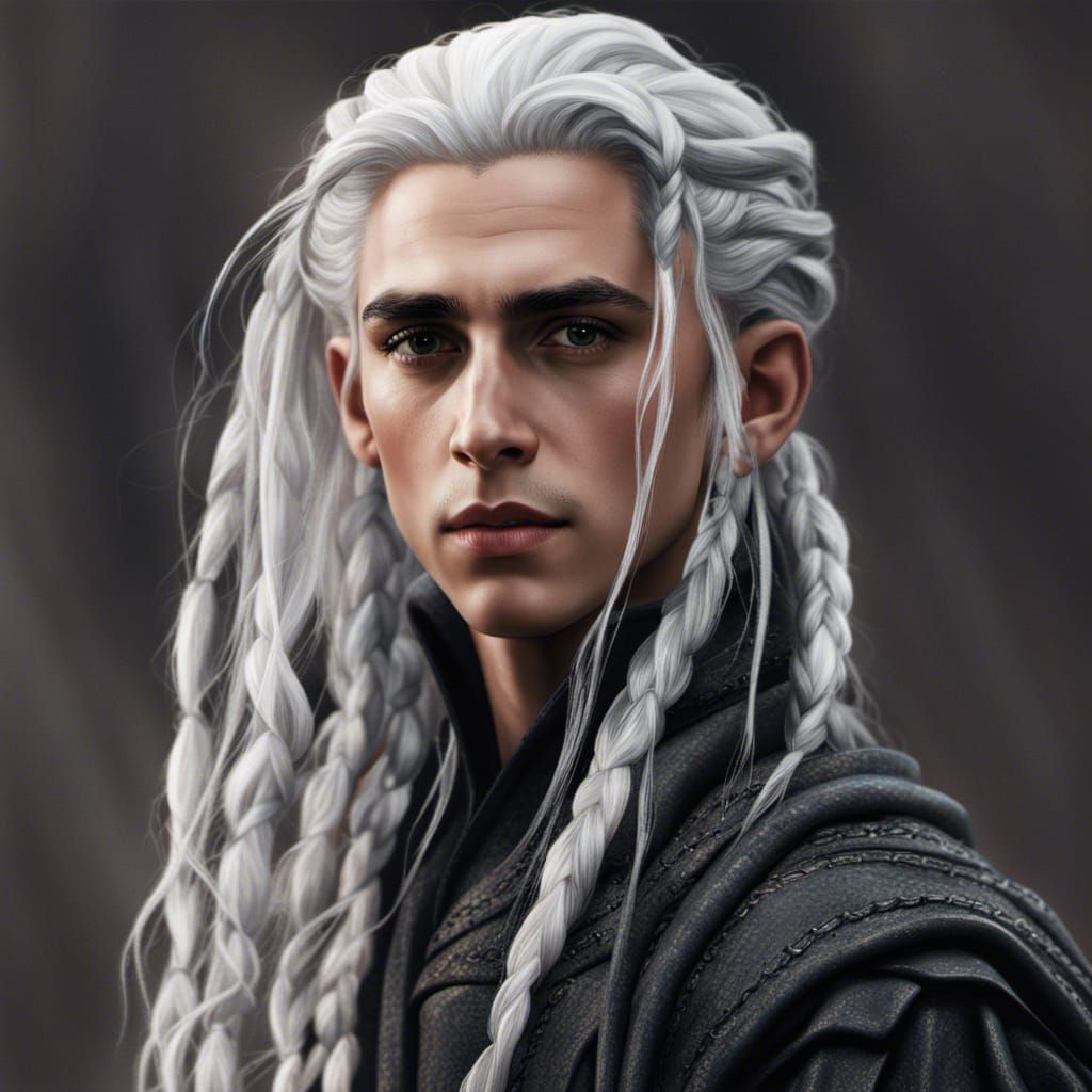 "dark gray skin, long white hair, Timothée Chalamet as fanta...