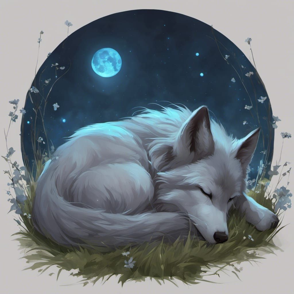 Cute Chibi Wolf Sleeps Beneath Blue Moon