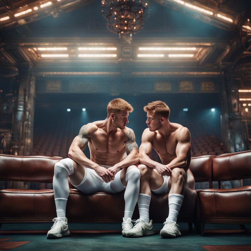 Shirtless Men Kissing in Club: Maximalist Digital Painting